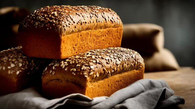 Still life of three loaves of seeded multigrain bread stacked on a wooden surface, with a linen cloth and rustic backdrop.