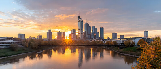 Fototapeta premium Golden Hour City Skyline Over River