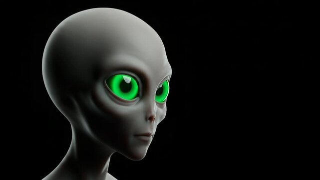 This is an alien gray with luminous green eyes gazing into the distance, against a dark background, copy space.