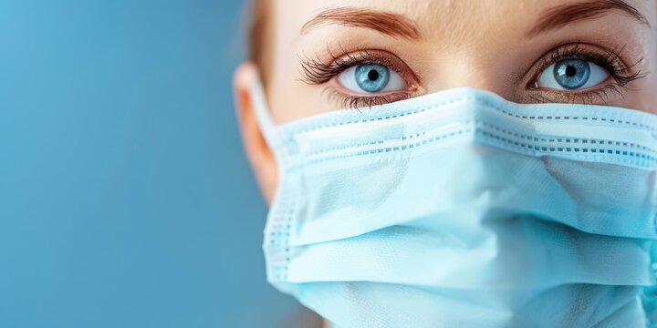A woman wearing a blue surgical mask with blue eyes and blonde hair, looking directly at the camera against a blue background.