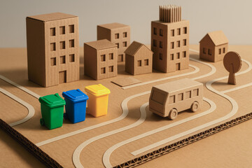 Waste Management theme, Cardboard city model with buildings, roads, and colorful bins.