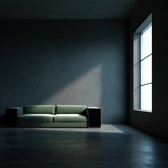 Dark room, green velvet sofa, sunlight illuminates a corner, concrete floor and walls, minimalist design