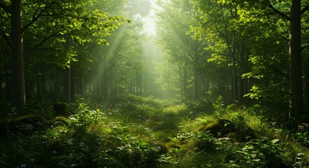 Fototapeta premium Walking Path Through a Lush Green Forest with Sunlight