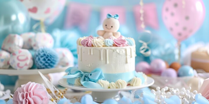 A baby shower cake with pastel decorations and a small teddy bear topper, surrounded by balloons and decorations on a blue and white tablecloth. - Powered by Adobe