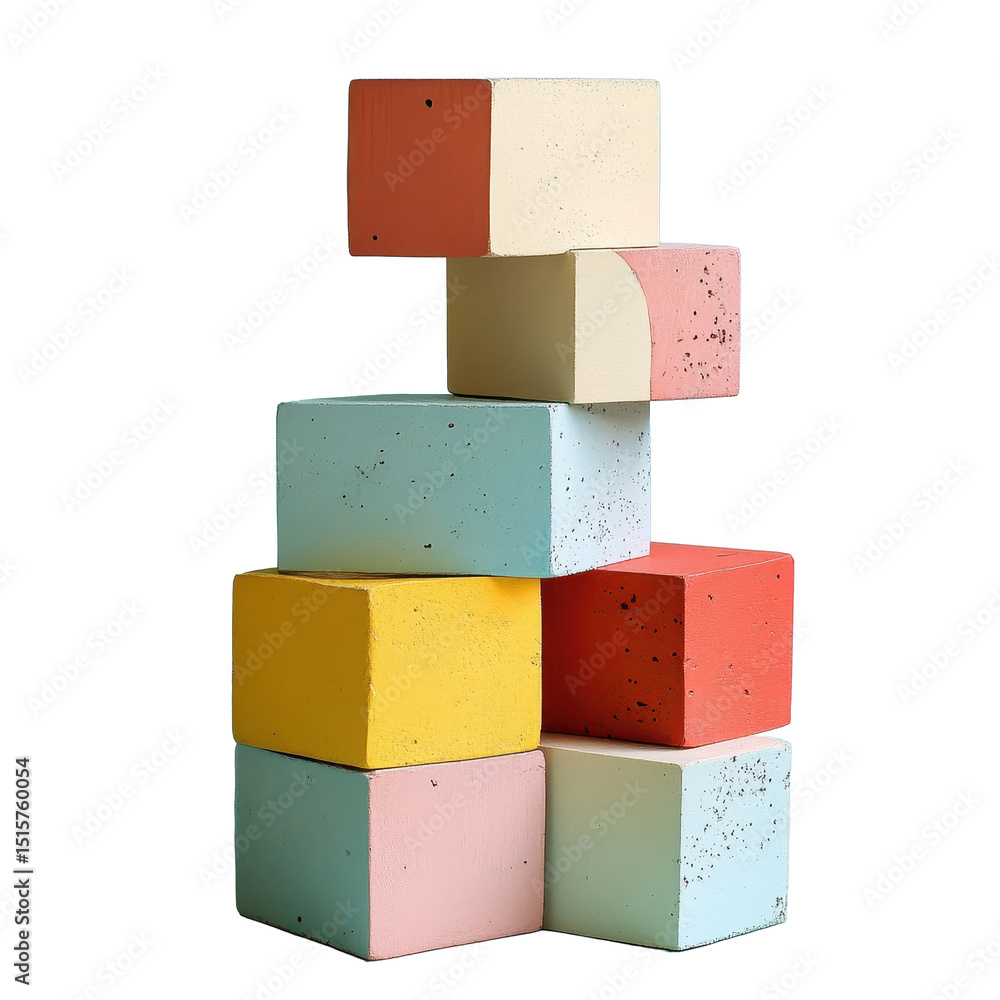 Poster building blocks in various colors arranged artistically on a turquoise background, building blocks