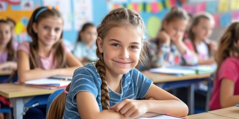 A young girl with braided hair sitting at a desk in a classroom with other students.