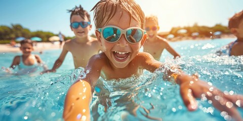 Children swimming in a blue pool with sunglasses on