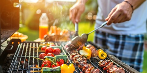 A man grilling meat and vegetables on a barbecue grill in a backyard.