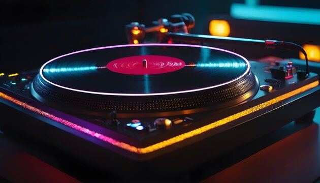 close up of a turntable playing in a nightclub