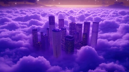 City skyscrapers emerging from purple clouds with ambient starry sky