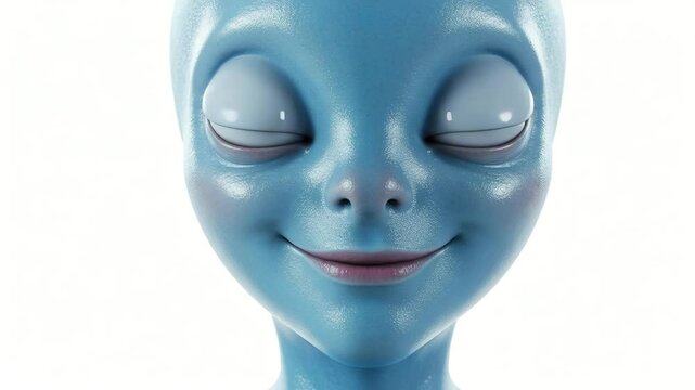 A friendly, smiling blue alien with large eyes and smooth skin greets viewers against stark white backdrop, creating an intriguing inviting portrait, copy space.