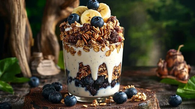 Layered parfait with granola, yogurt, blueberries, and banana slices in a glass