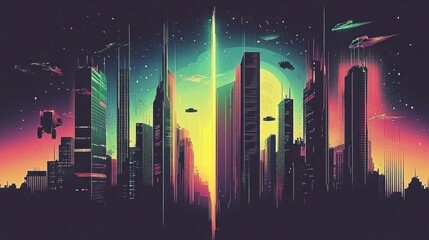 A futuristic cityscape with flying vehicles under a starry night sky