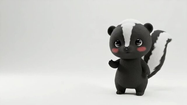 A charming, animated baby skunk with rosy cheeks stands against plain white backdrop, awaiting delightful adventure, copy space.