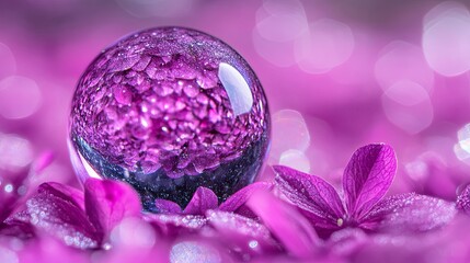 Crystal sphere reflects purple flowers surrounded by vibrant floral texture in a bright setting