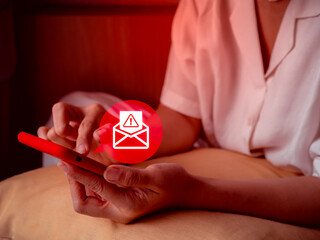 Scam alert concept. Fraud sms, phishing from scammer. System hacked, red warning alert, email hack,...