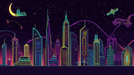Colorful neon city skyline with a night sky background is shown