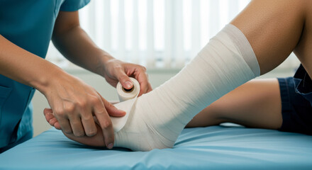 Patient receiving medical attention for foot injury clinic room healthcare session bright environment close-up view medical care concept