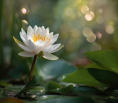 A pristine white water lily blossoms, its yellow center glowing, surrounded by lush green lily pads and bokeh-filled sunlight