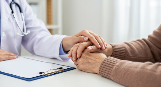 Compassionate doctor-patient interaction healthcare setting emotional support bright office close-up view healing touch