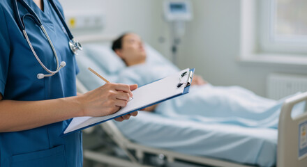 Healthcare professional evaluating patient recovery hospital room medical assessment calm environment close-up view patient care and monitoring