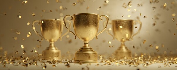 Three golden trophies amidst falling confetti, celebrating achievement and success