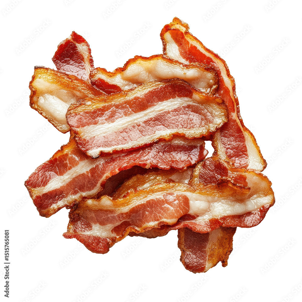Poster cooked bacon slices arranged neatly on a clean white surface, cooked bacon slices isolated on transp