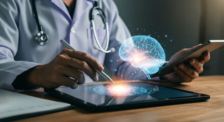 Medical professional utilizing digital technology for brain analysis clinic digital art modern healthcare close-up innovative medicine
