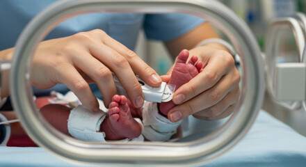 Newborn care in neonatal unit hospital setting medical procedure close-up view compassionate touch in life-saving moments