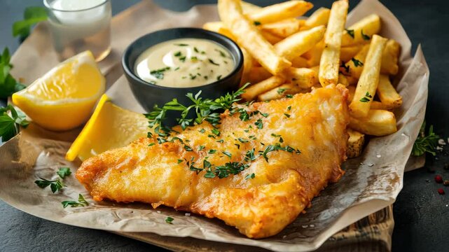 A plate of fish and chips with a side of tartar sauce.