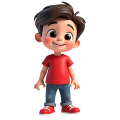 A cartoon boy with brown hair wearing a red shirt and blue jeans standing smiling isolated on transparent background