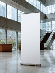 Blank retractable banner stand in modern lobby, showcasing its design and potential for advertising