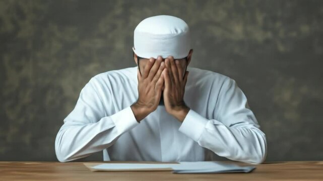 Man in Islamic dress head in hands distressed