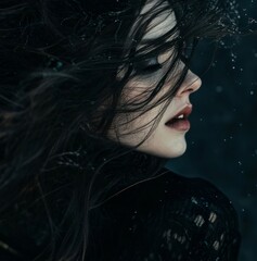 Melancholic Whispers: A close-up portrait of a woman with a cascade of dark, windswept hair, her face etched with an air of contemplative stillness, evoking feelings of solitude.
