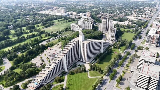 Aerial drone view of the Montreal Olympic Stadium and inclined tower in Montreal, Quebec, Canada