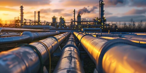 A pipeline network with industrial pipelines and oil tanks in the background.