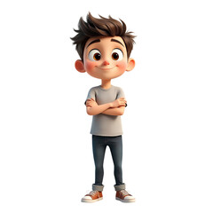 Cartoon boy standing with arms crossed wearing a gray shirt and jeans on a transparent background image isolated on transparent background