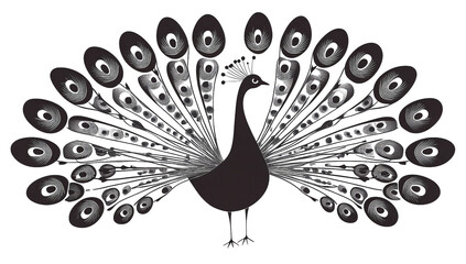 Monochrome peacock with detailed feather pattern isolated on transparent PNG