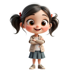 A cartoon girl with brown hair and big eyes wearing a jacket and skirt standing with arms crossed isolated on transparent background