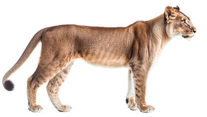 Profile view of a female lion with dark mane isolated on transparent PNG