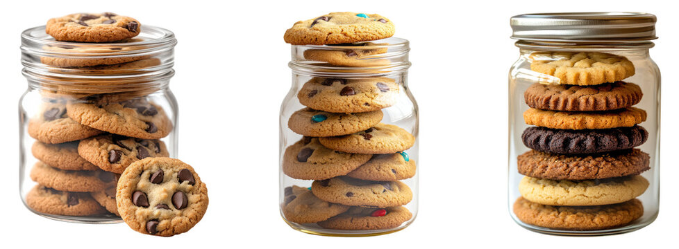 Assorted cookies in jars on a transparent background for culinary use