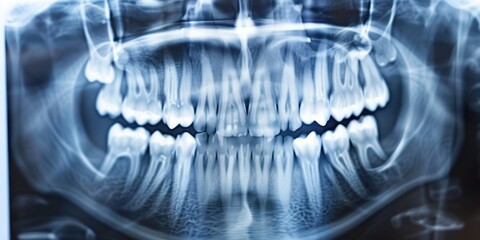 X-ray of a human jaw with visible teeth and jawbone