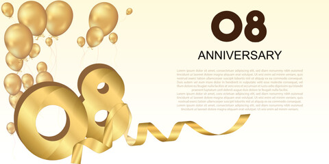 Elegant golden 8th anniversary design with balloons, large numbers, and ribbon—perfect for celebrating milestones or creating festive greeting banners.	