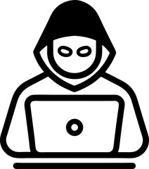 Hacker with laptop vector icon. Computer crime symbol.