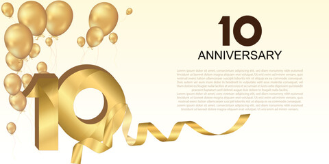 Elegant golden 10th anniversary design with balloons, large numbers, and ribbon—perfect for celebrating milestones or creating festive greeting banners.	