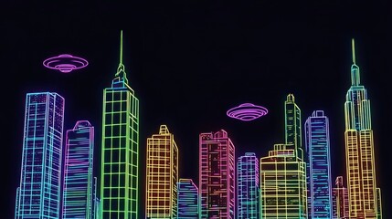 Glowing neon skyscrapers and flying saucer objects at nighttime