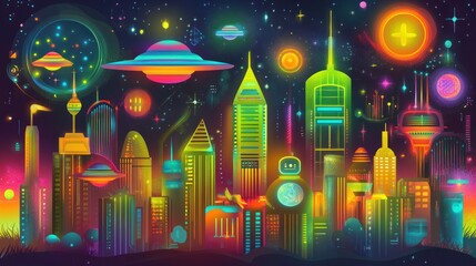 Futuristic City Skyline with Flying Saucers and Celestial Objects