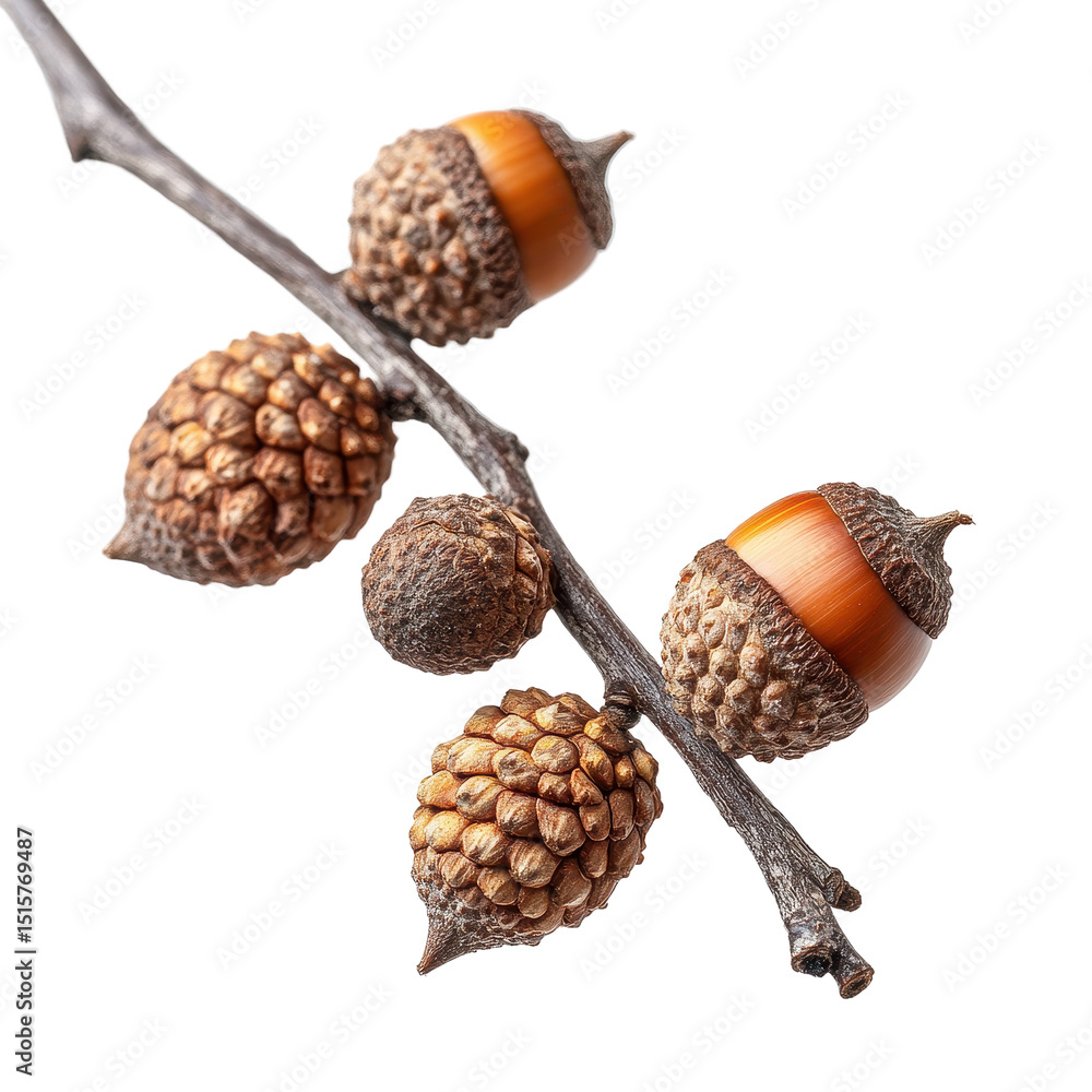 Poster acorn branch with multiple acorns isolated on transparent background showcasing natural textures and