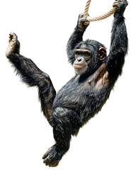 Playful chimpanzee hanging from rope isolated on transparent PNG