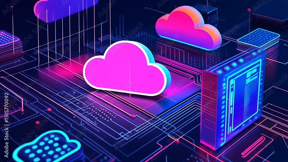 Poster futuristic digital landscape featuring vibrant cloud computing icons and interconnected circuits
